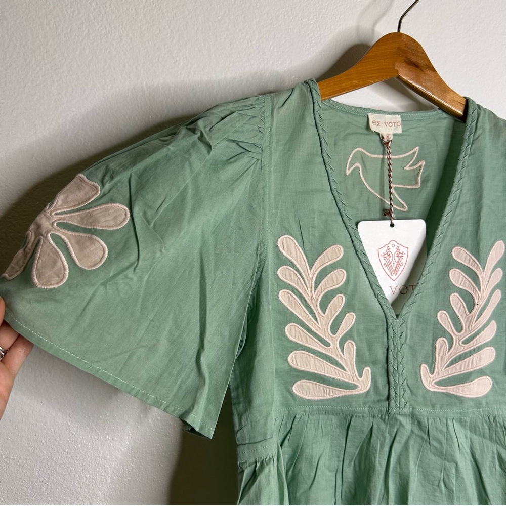 NWT Ex Voto 100% Cotton Chloe Short Sleeve Blouse in Green - Picture 4 of 16